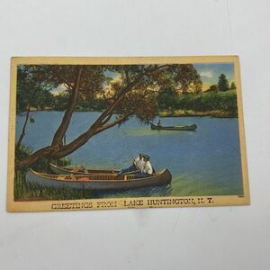Vintage Greetings From Lake Huntington NY Postcard Posted 1955 Canoeing Boating‎